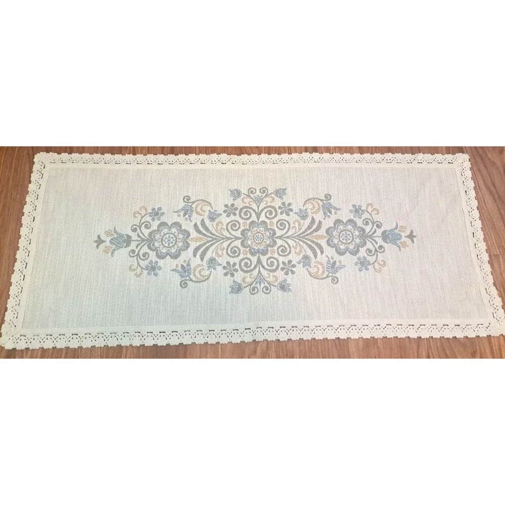 Vintage Linen Blend Table Runner Austria Beige Blue Boho Country Cottage 16x37